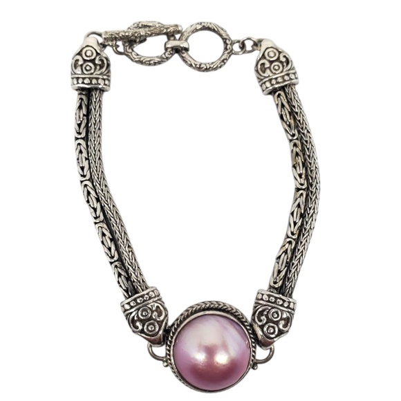 Sterling Silver Pink Mabe Pearl Chain Bracelet #21169 - Picture 5 of 10